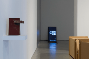 Time After Time exhibition, John Hansard Gallery 2018. Installation view from left to right: John Latham, N-U Niddrie 1976-1995; Walter van Rijn, Unconsumable Global Luxury Dispersion 2018; Charlotte Posenenske, Vierkantrohre Serie DW, 1967-2018.