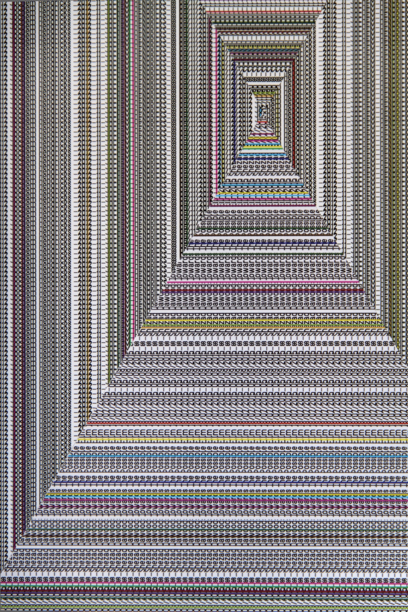 Walter van Rijn, Labyrinth_WD3, 2019, Collage with ink, digital print, vinyl, aluminium panel 800 x 600 x20 mm, Font Being Human. Text with 2012_11_JOCHEM_HENDRICKS_Wallpaper_2