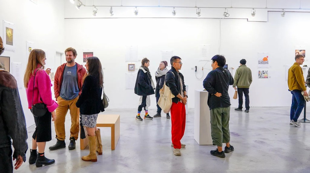 At Base Camp Studios 2, the artworks in “TELEPHONE” are grouped by theme, association or “generations.” Though the genealogical connections are fun, knowing the context for every piece isn’t required to enjoy the exhibition. (Courtesy of Tatyana and Anthony Monzon / Films About Artists)